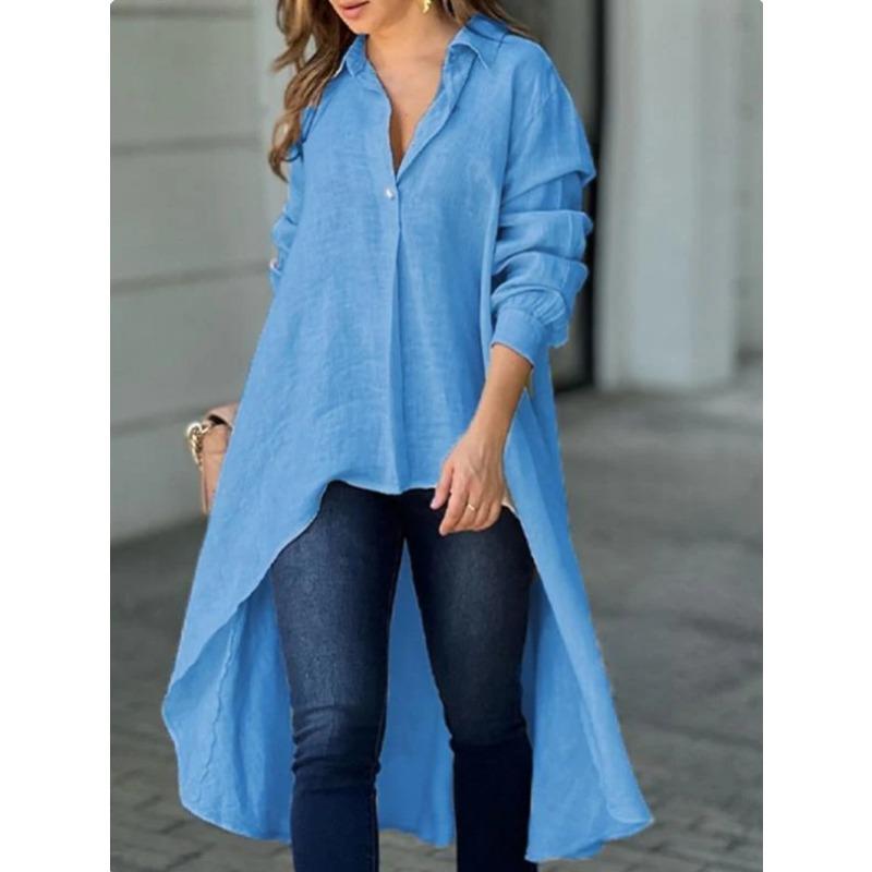 

Осенне-зимняя женская элегантная рубашка с длинным рукавом и однотонными лацканами 4XL синий