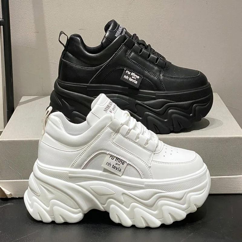 Mode Damen Schuhe Trend Weiß Schwarz Klobige Sneaker Herbst Winter Dicke Sohle Dad Schuhe Hochwertiges PU-Leder Plateau-Sneaker Neu