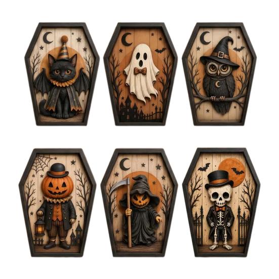 Unique Halloween Gifts for Friends Coffin-Shape Wooden Sign Decor, Pumpkin Skeleton Ghost Owl Desktop Statue Decor Patterns, Spooky Tabletop Ornament