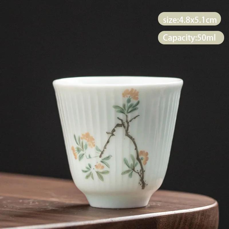 1 Pcs Chinese Handmade Ceramic Teacup Exquisite Hand-painted Flowers Tea Bowl Meditation Cup Porcelain Tea Set Master Cup