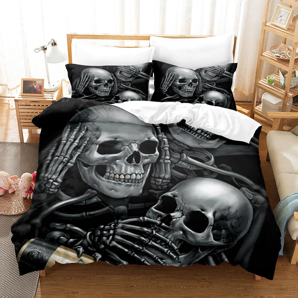 3D-Paar-Schädelkopf-Serie, Bettwäsche-Set, Halloween-Horror-Bettbezug und Kissenbezug, 2/3-teilig, AU/US/UK/DE, volle Größe, Heimdekoration