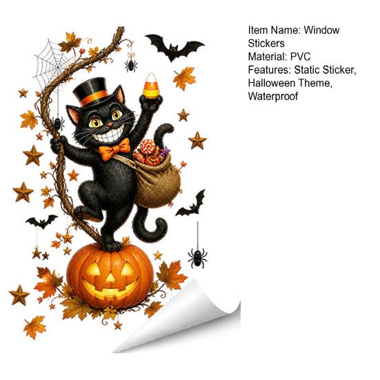 Black Cat Window Art Halloween Static Sticker, Ghost Castle Print Decals, Waterproof Wall Murals PVC Cling for Home Holiday Party Supplies