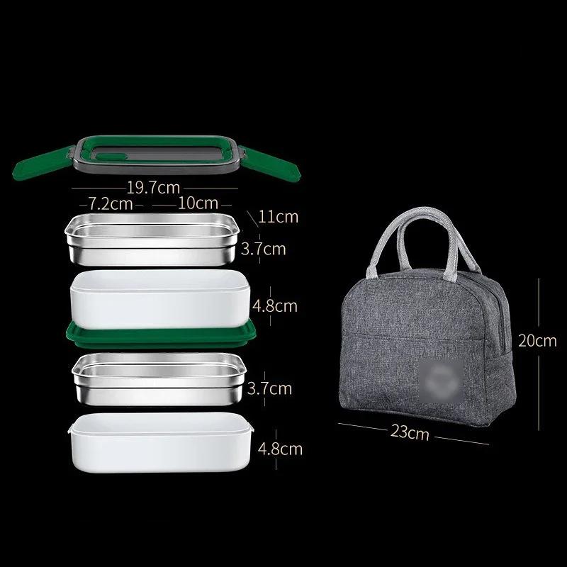 Nerezová ocelová krabička na oběd 2 vrstvy izolovaná bento krabička s termotaškou, přenosná nádoba na potraviny do mikrovlnné trouby pro kancelář a školu