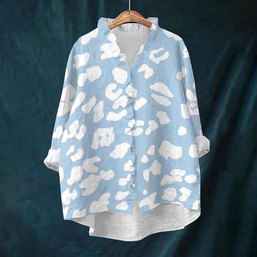 Women's Loose Ruffled Retro Floral Print Stand Collar Long Sleeve Cotton And Linen Top