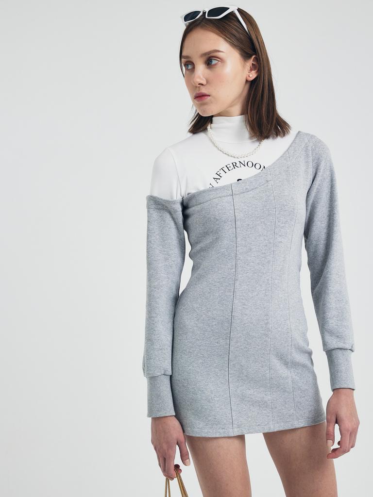 Ce Yeon Turtle Neck Double Layered Mini Dress Melange Gray