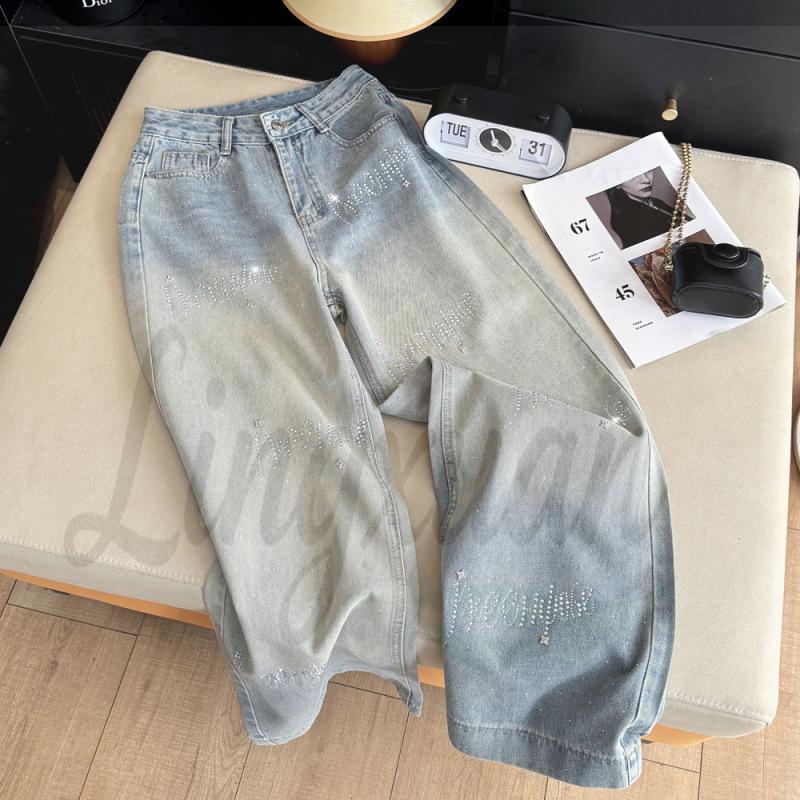 Korean Style Rhinestone Inlaid Gradient Washed High Waist Denim Pants - Women s Straight & Wide Leg Options. S