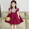 Vintage Embroidery Peter Pan Collar Girls Dress, Puff Short Sleeve A-Line Kids Party Dress 2 Colors Burgundy Black