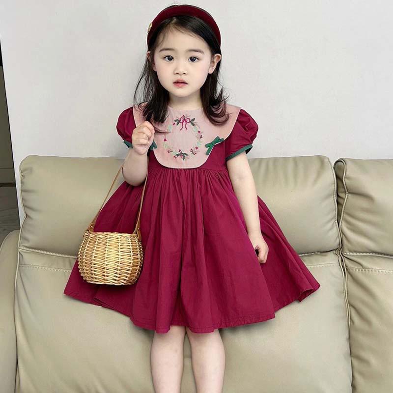 Vintage Embroidery Peter Pan Collar Girls Dress, Puff Short Sleeve A-Line Kids Party Dress 2 Colors Burgundy Black