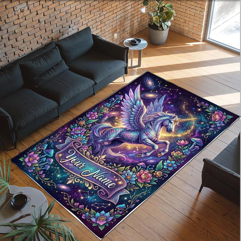 Unicorn Theme Crystal Velvet Floor Rug Personalized Custom Name Text Warm Carpet Home Decoration