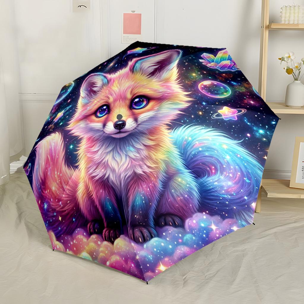 Celestial Fox Lavender Dream Art Automatic Umbrella Folding Umbrella with 8 Ribs Compact Design Travel Essential Fashionable Best for Christmas