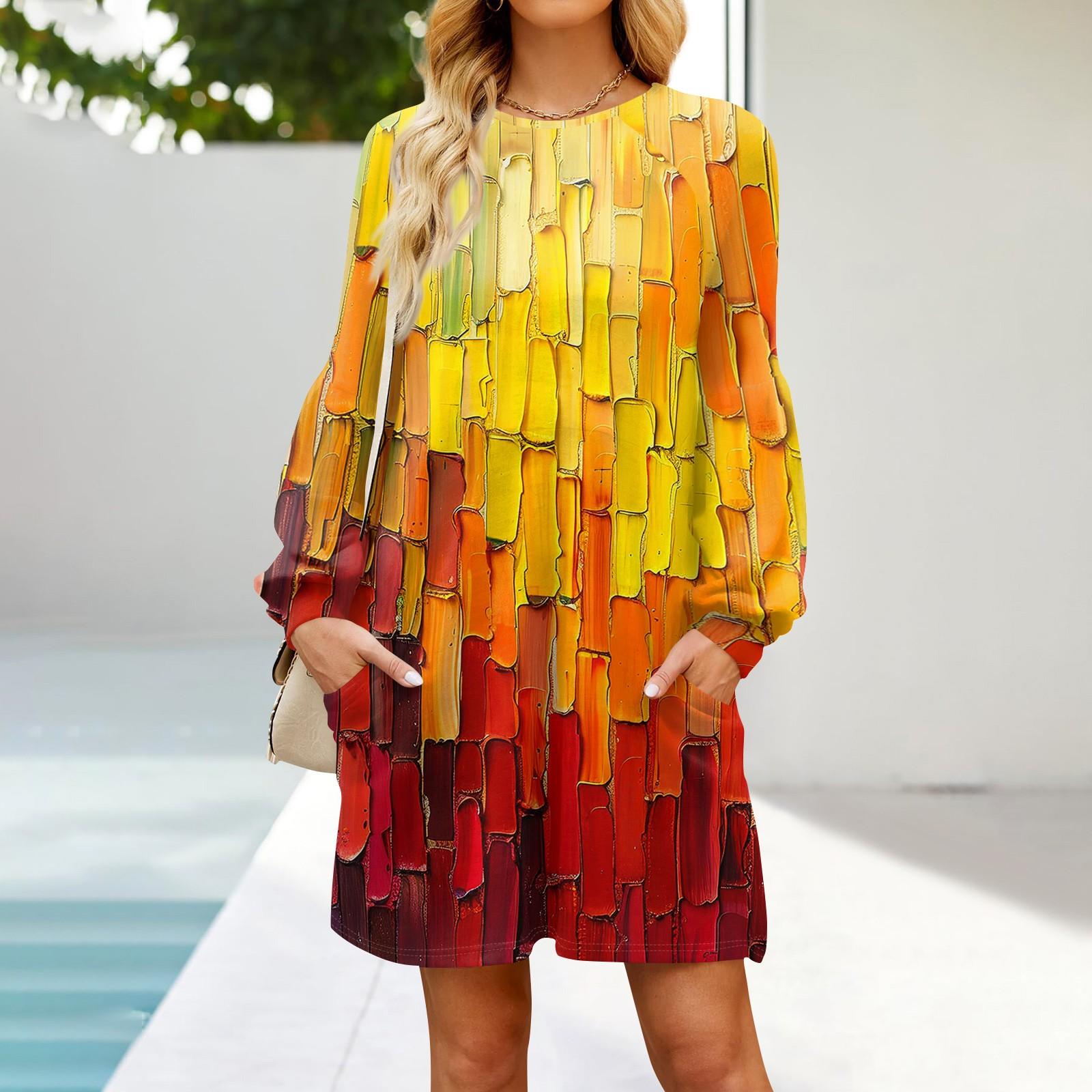 

Модное женское платье трапециевидной формы с длинным рукавом. Осенний повседневный пуловер с круглым вырезом. Свободное платье с карманами. XL жёлтый