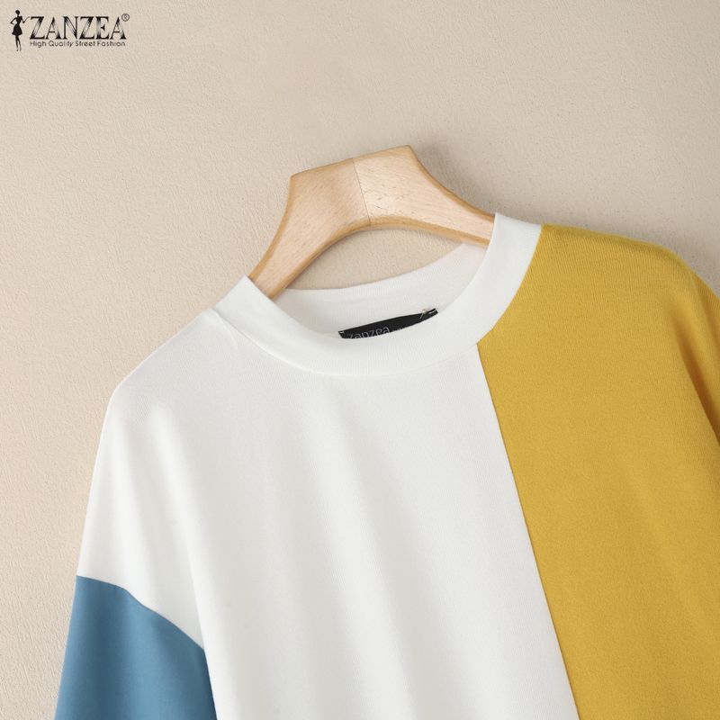 ZANZEA Women Casual Round Neck Long Sleeve Patchwork Pullover Thin Sweatshirt