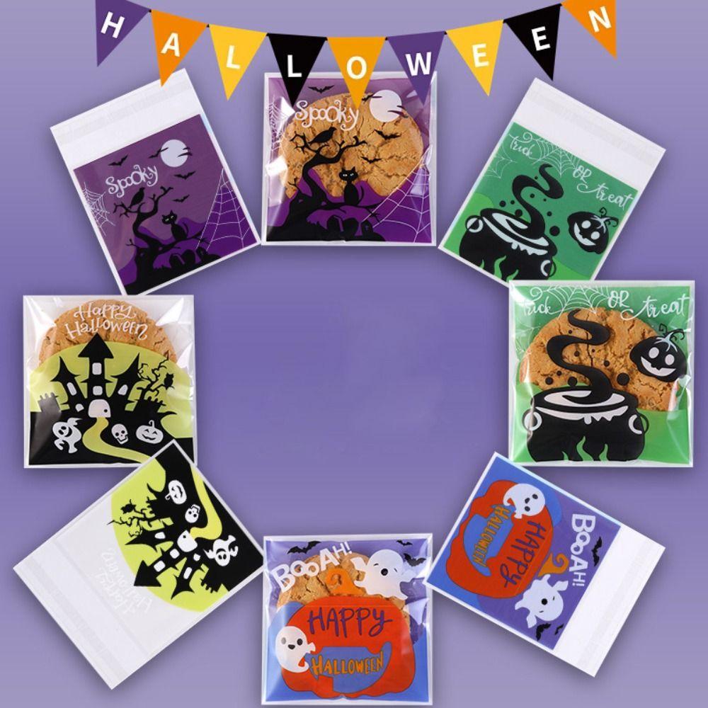 

100Pcs/Set DIY Halloween Candy Bags 4 Pattern Pumpkin Ghost Bat Gift Bags Gift Packaging Bags Kids 100Pcs/Set