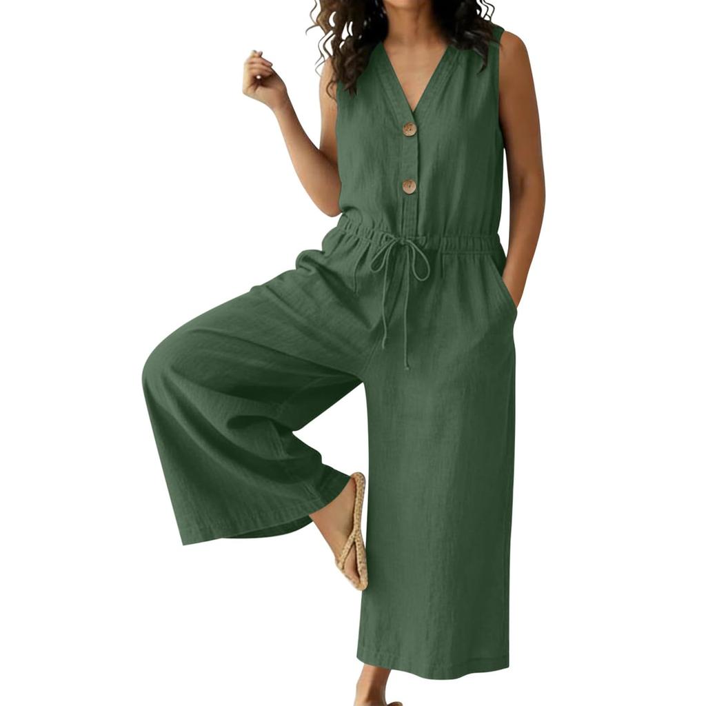Women Button Down Sleeveless Rompers Wide Legs Cotton Linen Rompers With Pocket