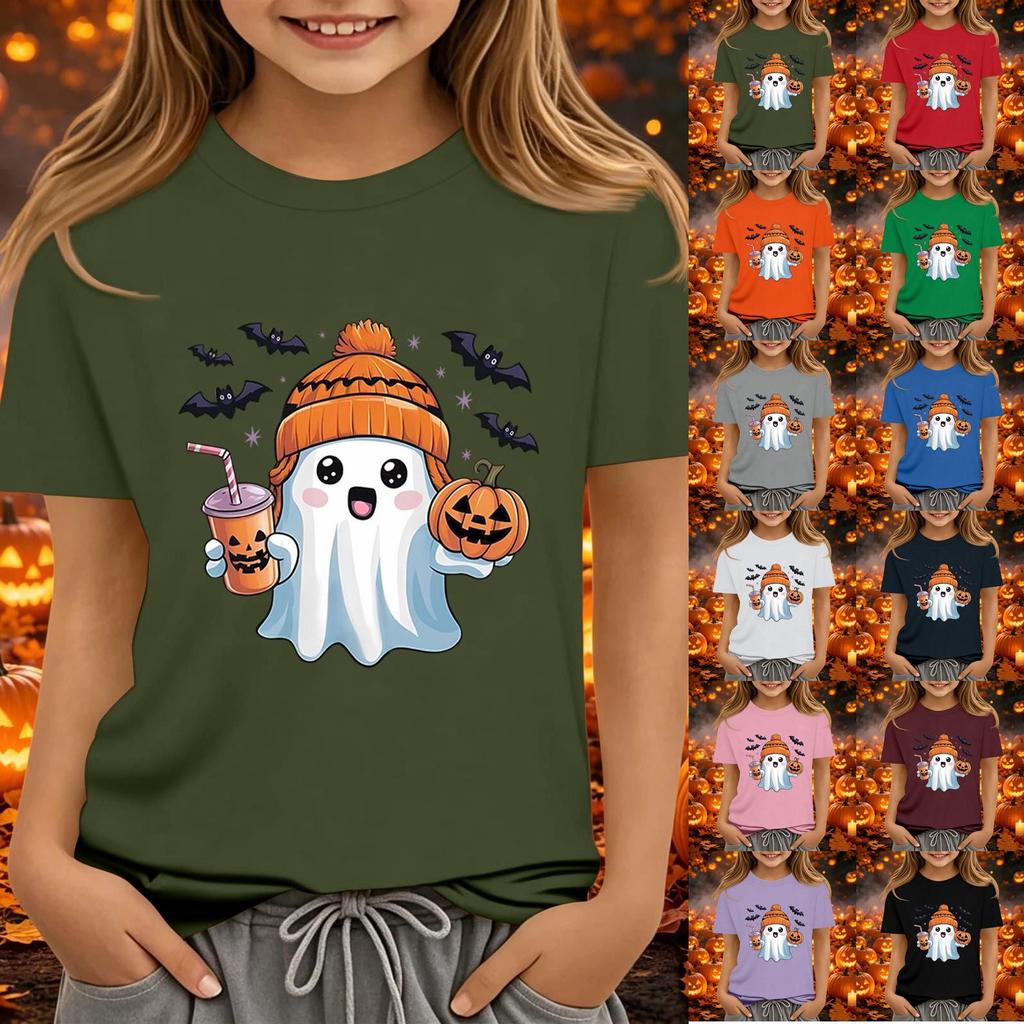 Kids Halloween Printed Short Sleeve T-Shirt Loose Fit Round Neck Casual Tee