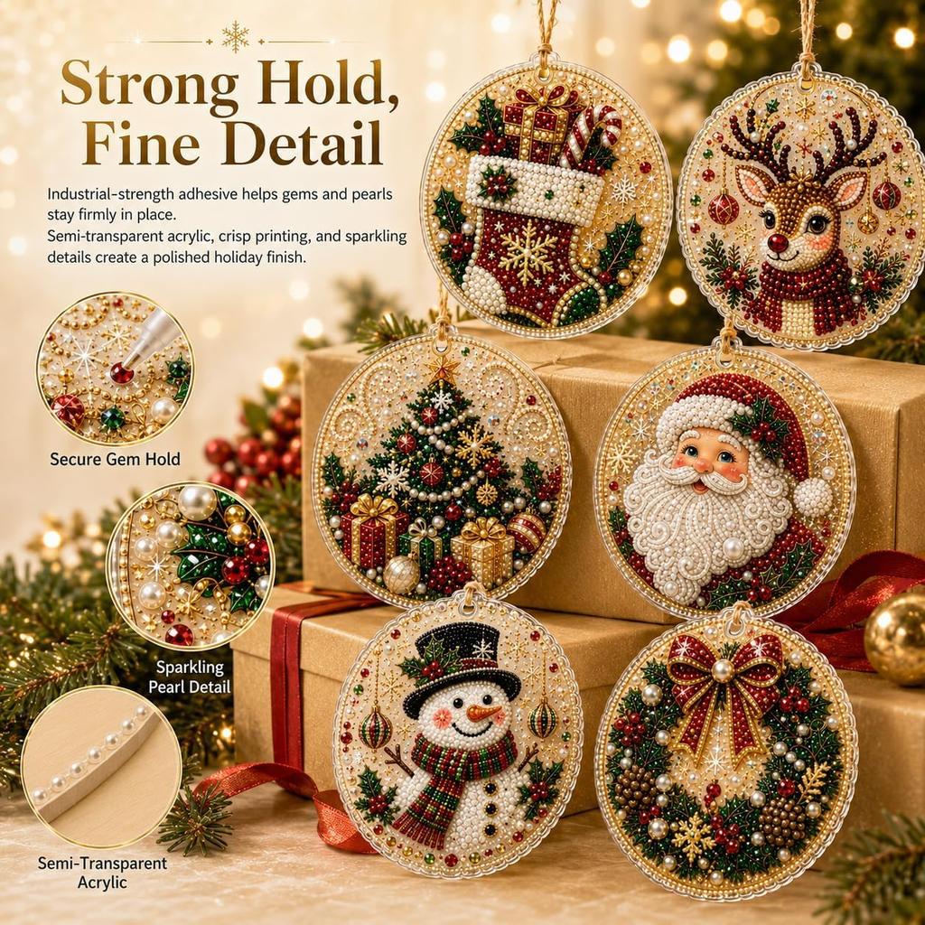 6 Wooden Christmas Ornaments DIY Pearl Art Kits for Adults, Hanging Diamond Art Christmas Ornaments Set with Pearls
