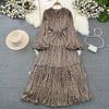High-end Celebrity Temperament Lantern Long-sleeved V-neck Waist Thin A-word Printed Dress Elegant Pendulum Long Skirt