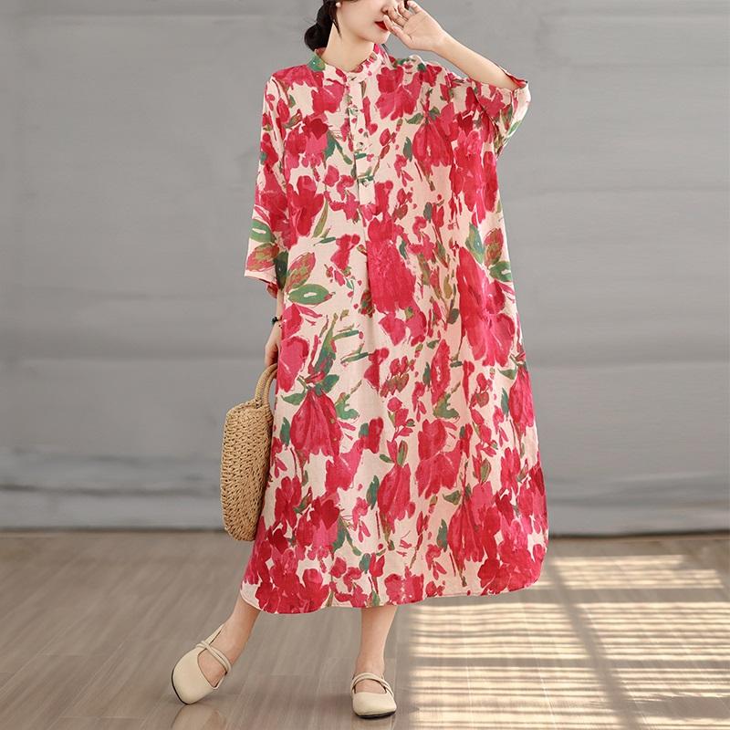 Kurzarm Plus Size Baumwolle Vintage Blumenmuster Neu in Kleidern für Damen lässig locker langes Sommerkleid