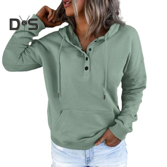 Kvinner Høst Vinter Hettegenser Langermet Løs Pullover Stor Lomme Knapp Dekor Snøring Uformell Myk Varm Hette Elastisk Mansjett Dame Hettegenser Topp