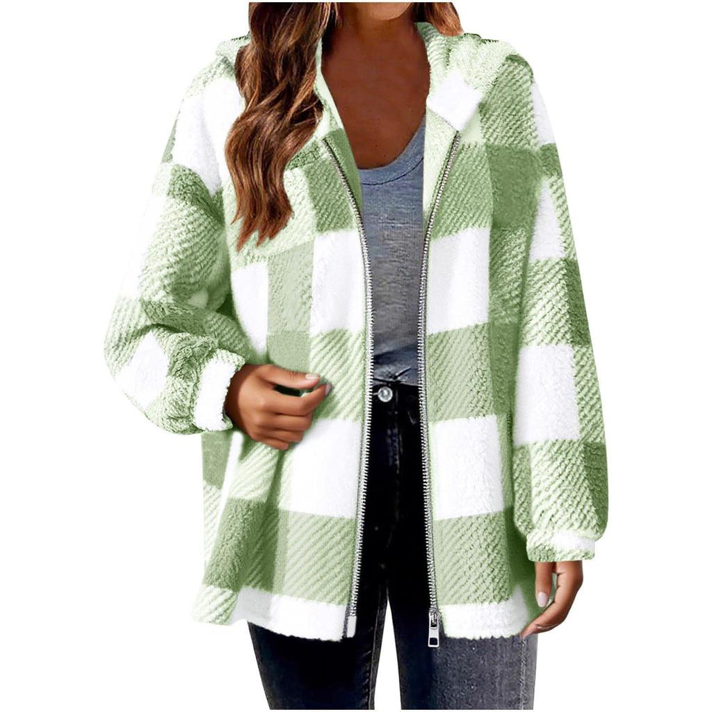 2025 Plaid Loose Fit Long Sleeve Hooded Fuzzy Zip-Up Cardigan Jacket