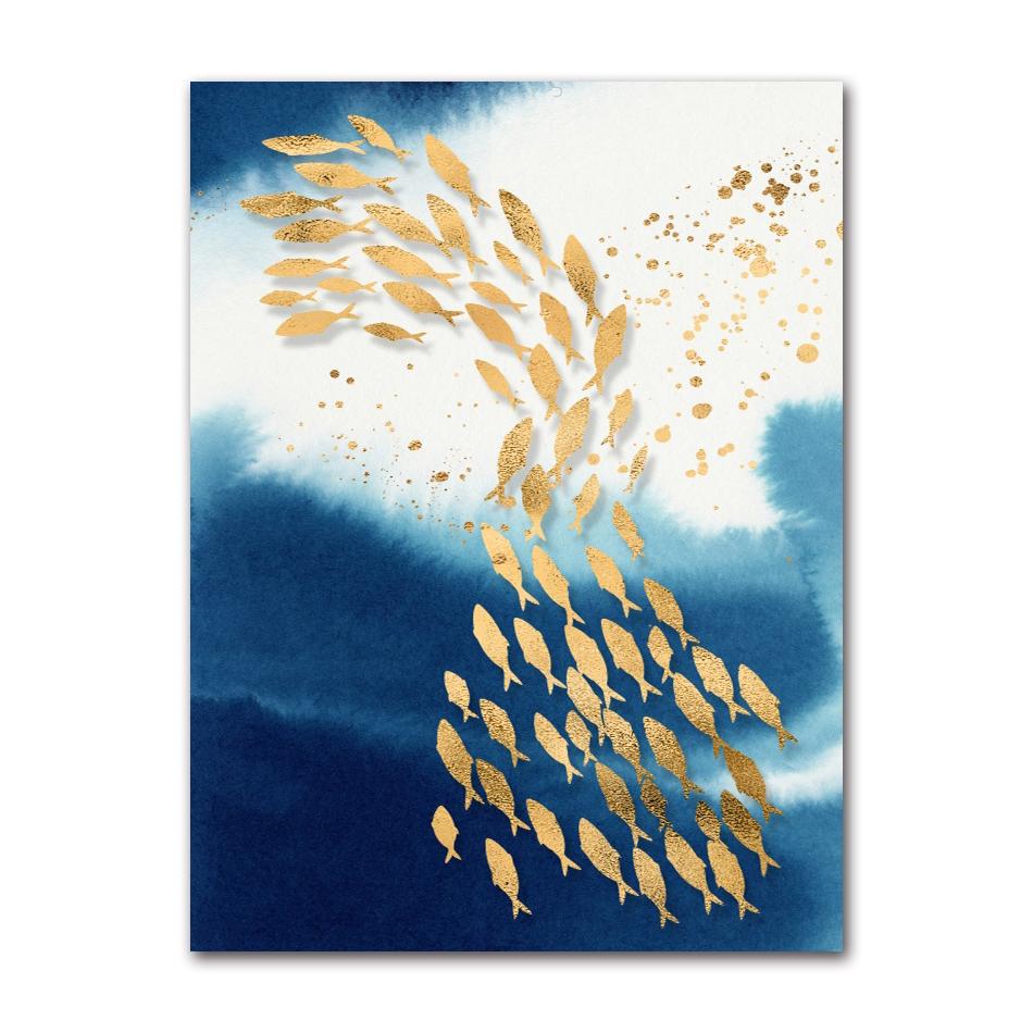 Painting Big Blue Poster Print Luxurious Wall Art For Living Room Aisle Gold Tableaux Picture Abstract Gold Fish Chinese Canvas