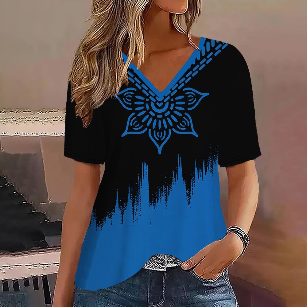 Fashion Women T-Shirt Stripes Print Gradient V-Neck Short Sleeve Basic Tops Streetwear Summer Oversized Clothing Female T-Shirts