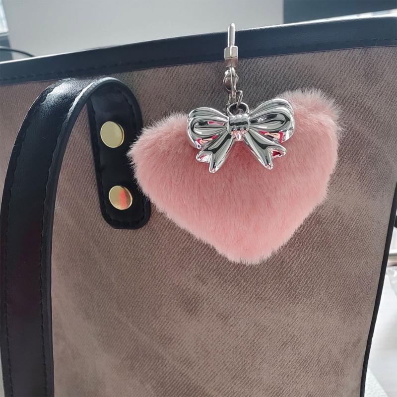 Sweet Plush Heart Bowknot Keychain Pendant Lovely Hanging Decorations Keyring Charm for Purse Bag Backpack Handbag
