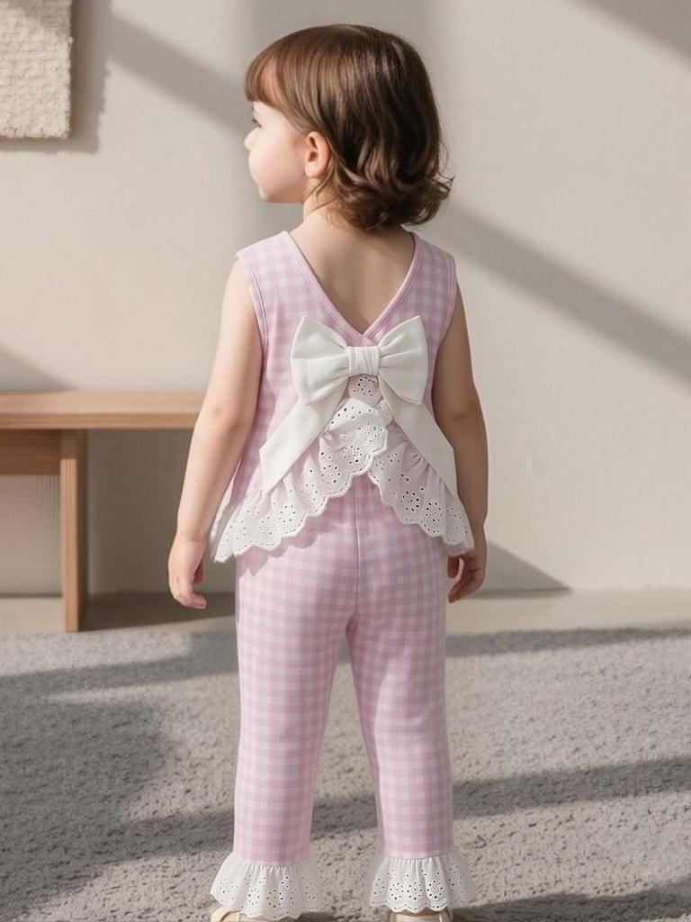 Summer Countryside Style Infant Baby Girls Clothing Set Sleeveless Top with Plaid Long Pants Retro Lace Butterfly Two Piece Outfit