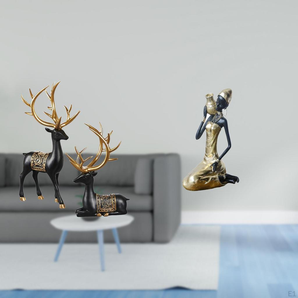 Reindeer Elk Resin Sculpture And African Tribal Lady Statue Collection Unique Animal Figurine Art