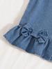 Cute and Sweet Two-piece Set for Little Girls: a Denim Vest Top Featuring a 3D Bow and Ruffled Hem, Paired with Stylish Denim Ruffled Shorts.