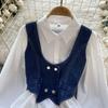 Chic Hong Kong Sle Retro Denim Vest Vest Fashionable Stacked All-Match Short Puff sleeve Shirts Two-piece Set Top