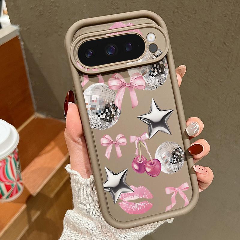 For Google Pixel 10 Pro XL Case Cherry Bowknots Lips Disco Ball Pattern Shockproof Bumper Silicone Cover For Pixel 9A 9 8 7 Pro 8A 7A