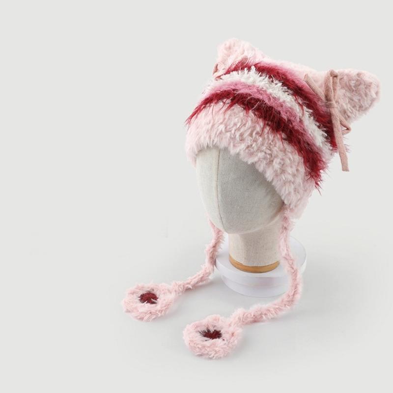 Couvre-tête de dessin animé poilu avec oreille pour sports de plein air Chapeau rayé avec oreille Couvre-chef surdimensionné Chapeau pour l'hiver