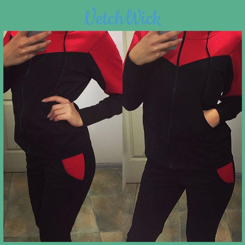 Tuta sportiva da donna gialla brillante e rossa in poliestere con felpa con cappuccio e pantaloni, set casual per lo sport