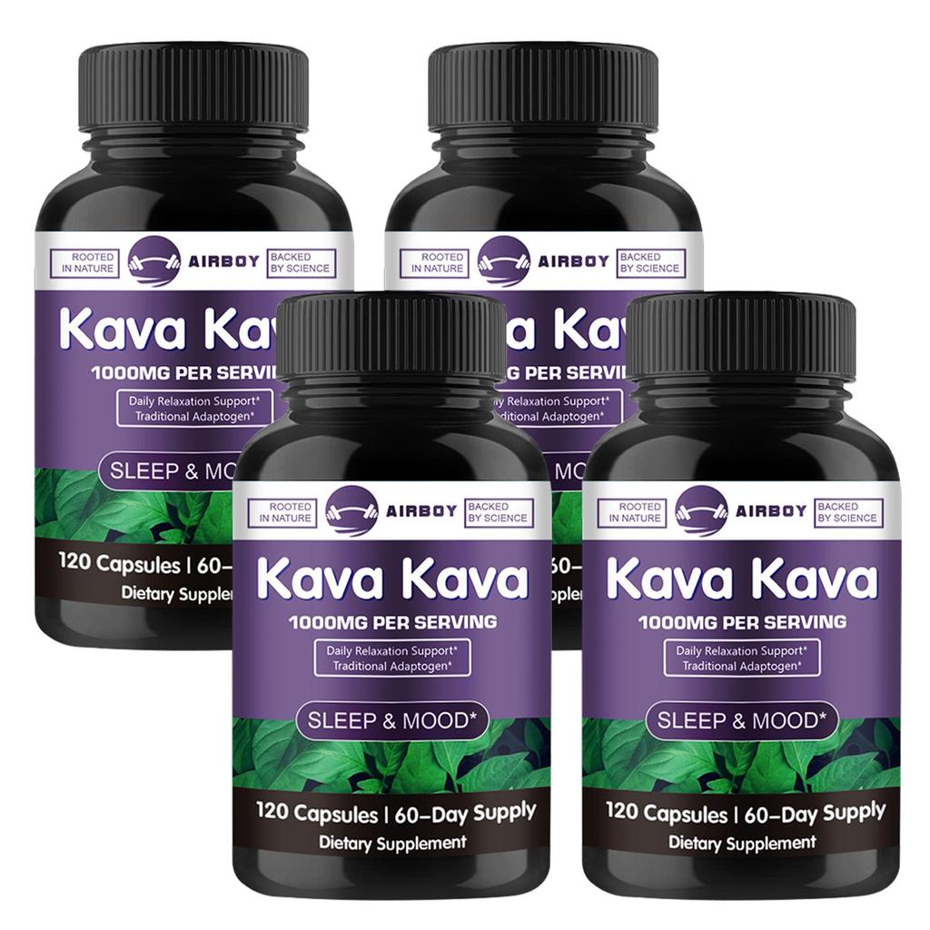 Kava root extract capsules, 1000mg high concentration of kava plant extract per serving, suitable for adults.