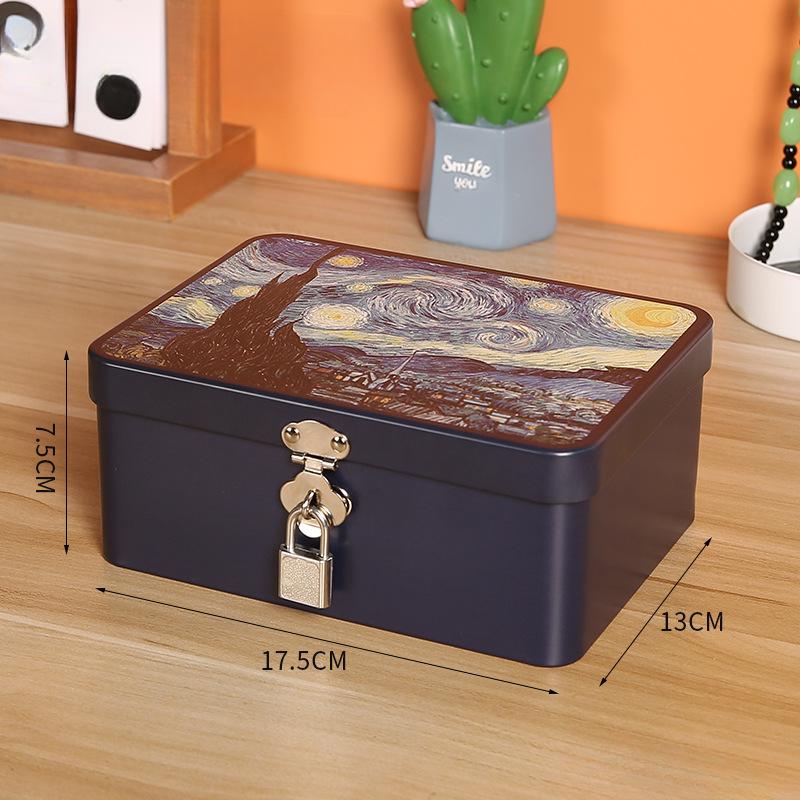 Iron Box with Lock and Key Desktop Storage Box Retro Tinplate Cosmetics ID Storage Household Jewelry Storage Empty Box