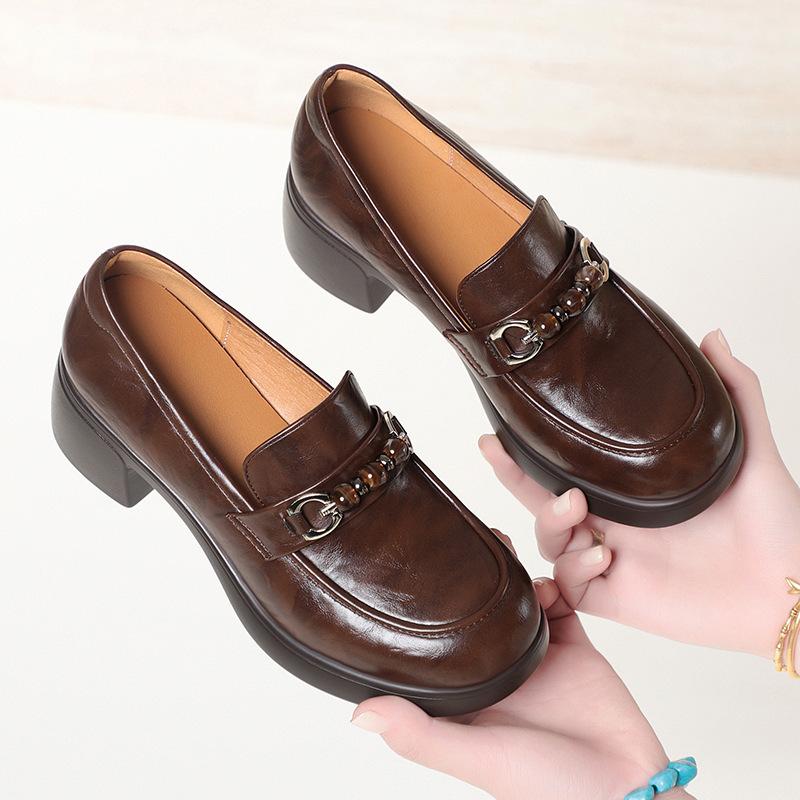 Mocassini in Pelle Morbida con Suola Morbida per Donne di Mezza Età, Scarpe in Pelle con Suola Spessa per la Primavera, Scarpe Singole da Donna Versatili con Tacco Chunky