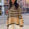 Women Fall Winter Turtleneck Long Sleeve Knit Striped Slit Loose Sweater
