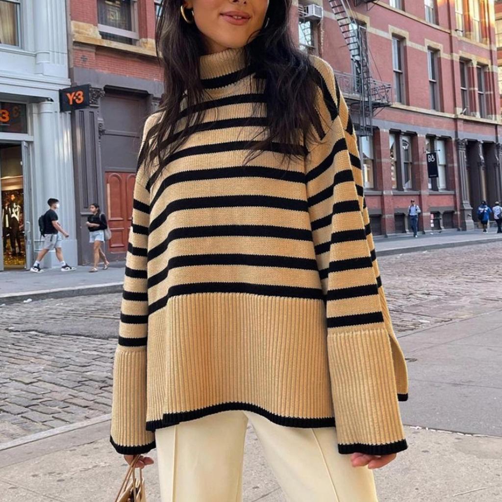 Women Fall Winter Turtleneck Long Sleeve Knit Striped Slit Loose Sweater