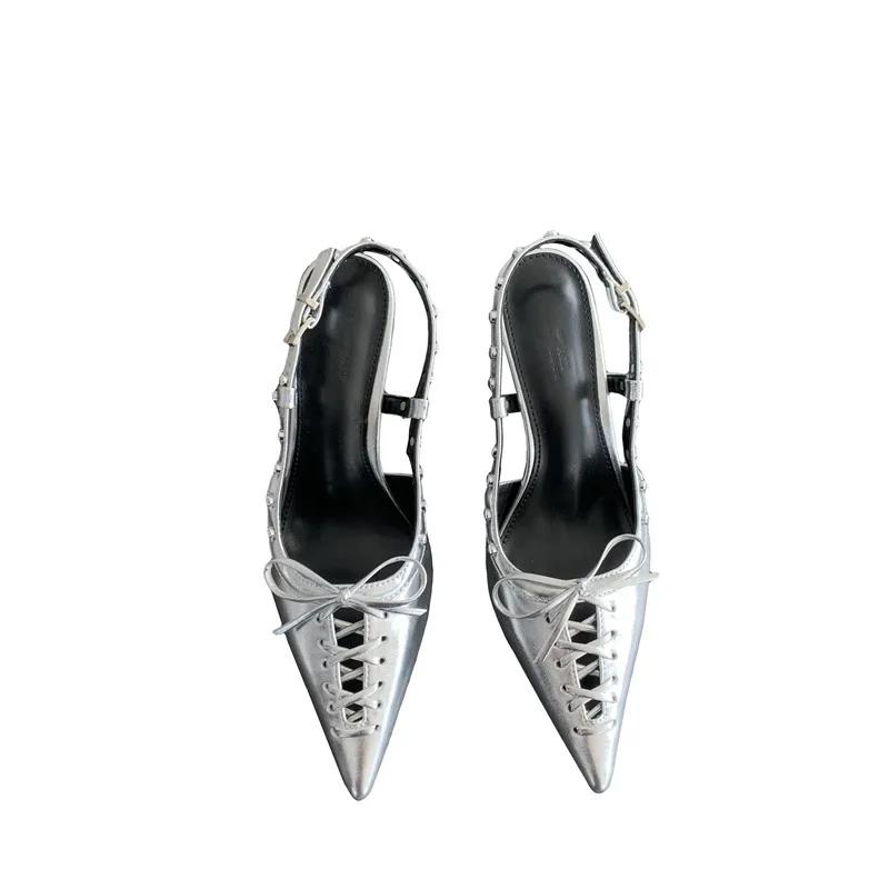Fashion 2024 Brand Devise Rivet Bowknot Women's Sandals Fashion Sexy Slim Frenulum Sandals European American Banquet Nightclub 45 Shoes