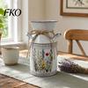 Farmhouse Decor Vase Vintage Iron Flower Bucket, Rustic White Double-Handle Metal with Floral Print & Jute Dried Holder Bow, Tabletop for