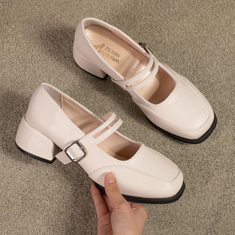 Mary Jane μαύρα μικρά δερμάτινα παπούτσια γυναικεία φθινοπωρινά νέα στρογγυλή μύτη ευέλικτα με φούστα ρετρό χοντρό τακούνι μονοκόμματα παπούτσια