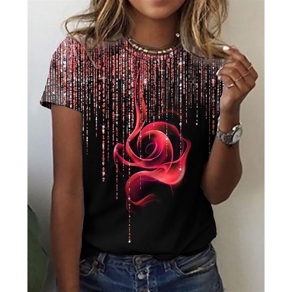 Round Neck 3D Flower Printed Top Fashionable Casual Short Sleeved Women's T-shirts - Soft Medium Stretch Polyester Fabric Summer Relaxed Fit Clothing