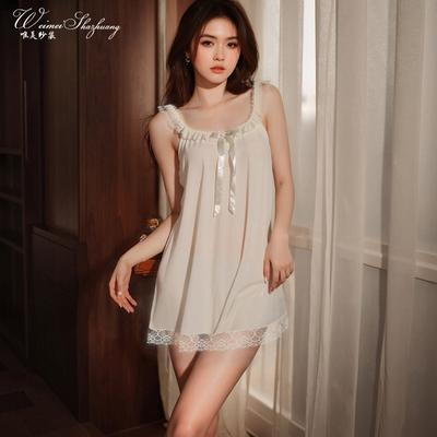 Women's Summer New Korean Version Suspender Ice Silk Dress Sweet Princess Style Bow Lace Nightdress