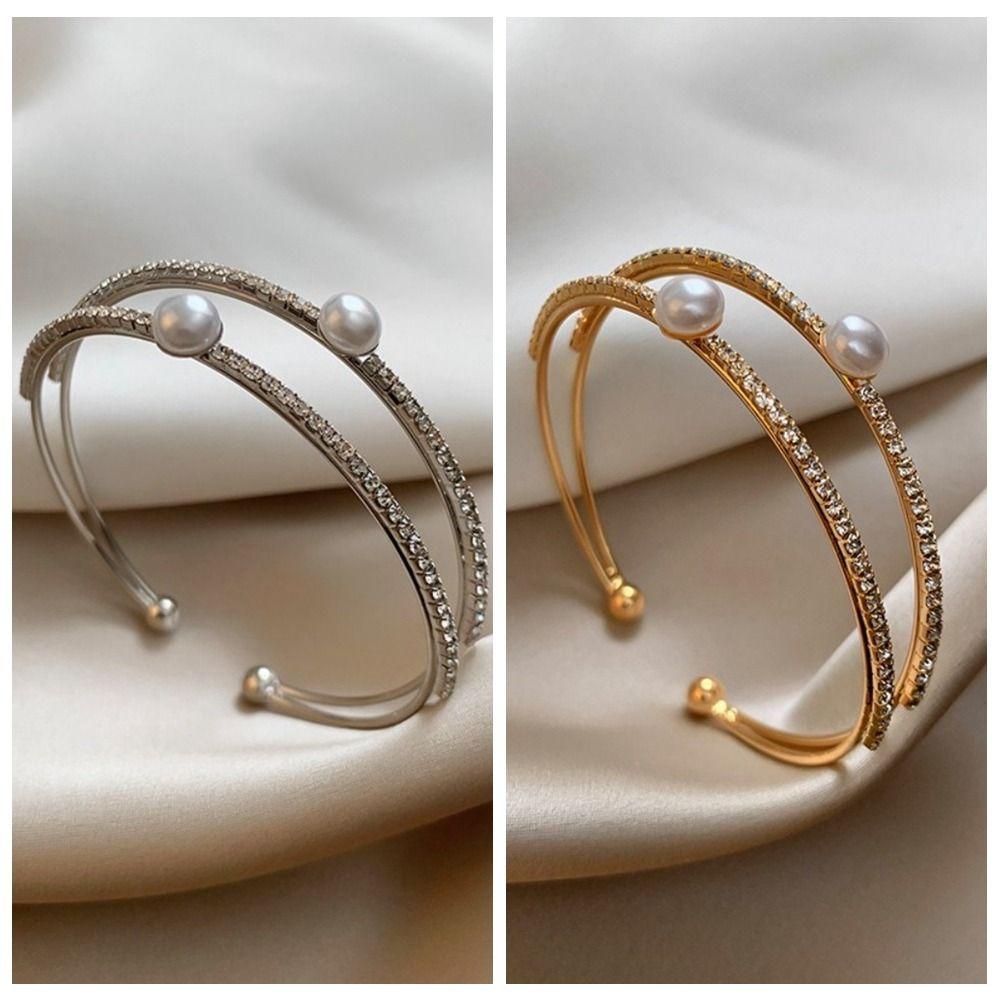 Bridal Jewelry Rhinestone Bracelet Double-layer Wrist Ornament Simple Opening Bangles  Ladies