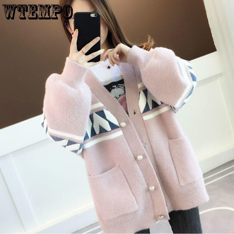 Autumn Winter Knitted Leopard Sweaters Women Korean V Neck Thick Print Cardigan Coat Loose Button Outwear