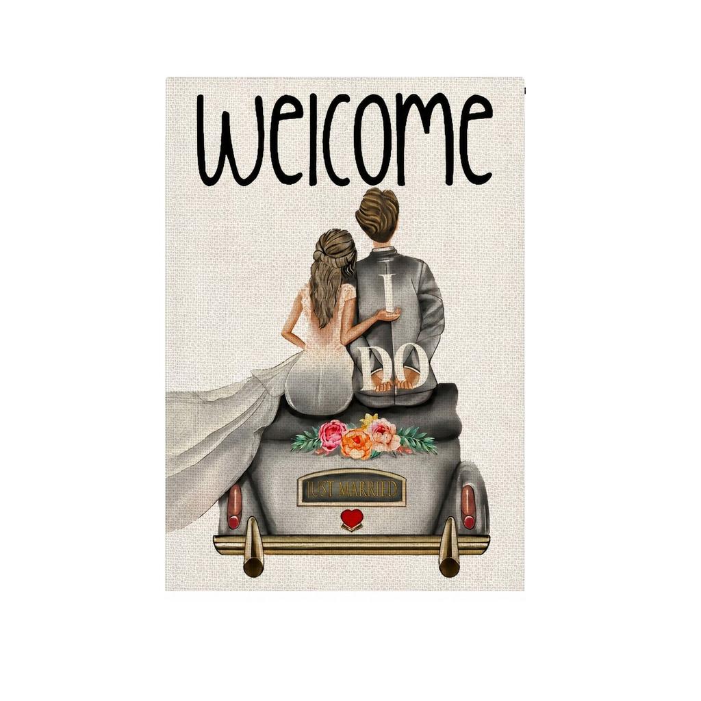 Wedding Linen Garden Flag, Welcome Yard Flag for Porch Patio, Couple Design Hanging for Wedding Decor