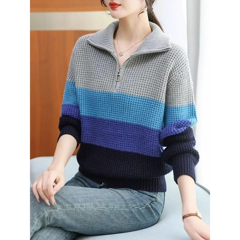 Women S Striped Thick Collared Half Zip Knit Sweater