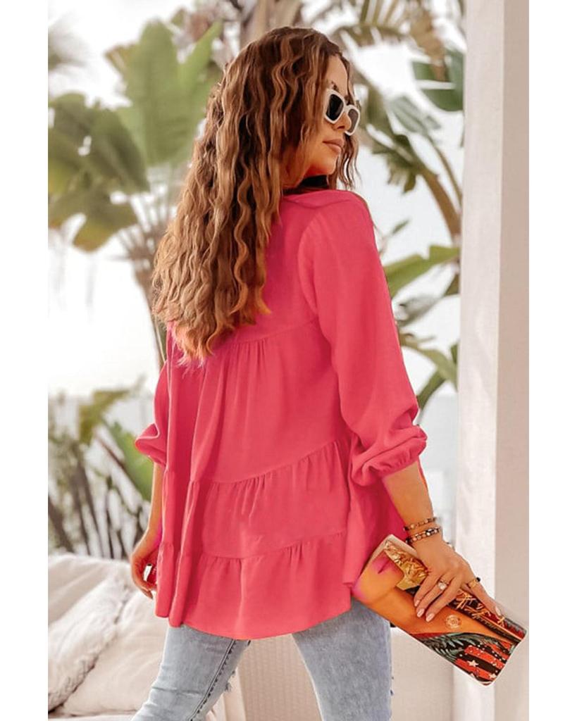 Azura Exchange Half Buttoned Ruffle Tiered Long Sleeve Blouse