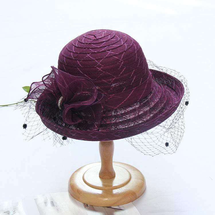 European and American lace mysterious mesh crimped top hat elegant diamond bow sun hat women's summer fashion sun hat
